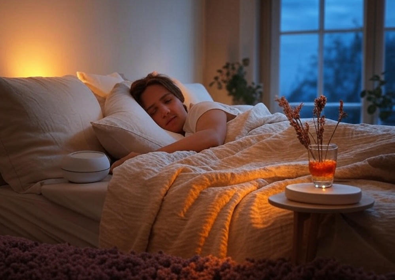 Person sleeping peacefully with natural sleep remedies like tart cherry juice and lavender, creating a cozy bedroom for better sleep naturally