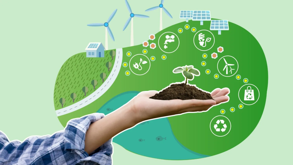 Illustration of climate-resilient design with sustainable landscaping, featuring a hand holding a plant and eco-friendly elements for outdoor wellness spaces