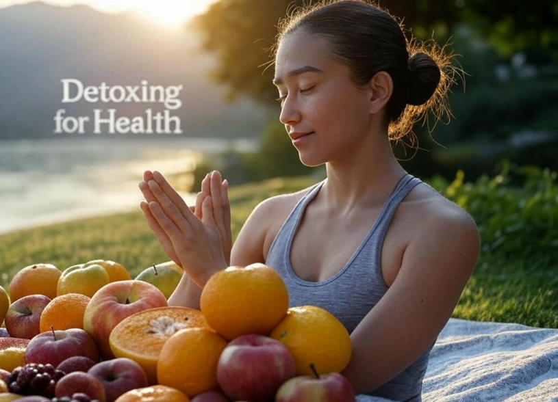 Person practicing yoga with fresh fruits, water, and glowing skin, showcasing detoxing for health and the benefits of detoxing in a serene wellness setting