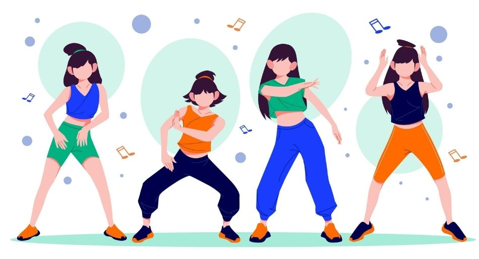 Illustration of four women dancing, representing movement therapy, dance therapy benefits, and physical activity for mental well-being.