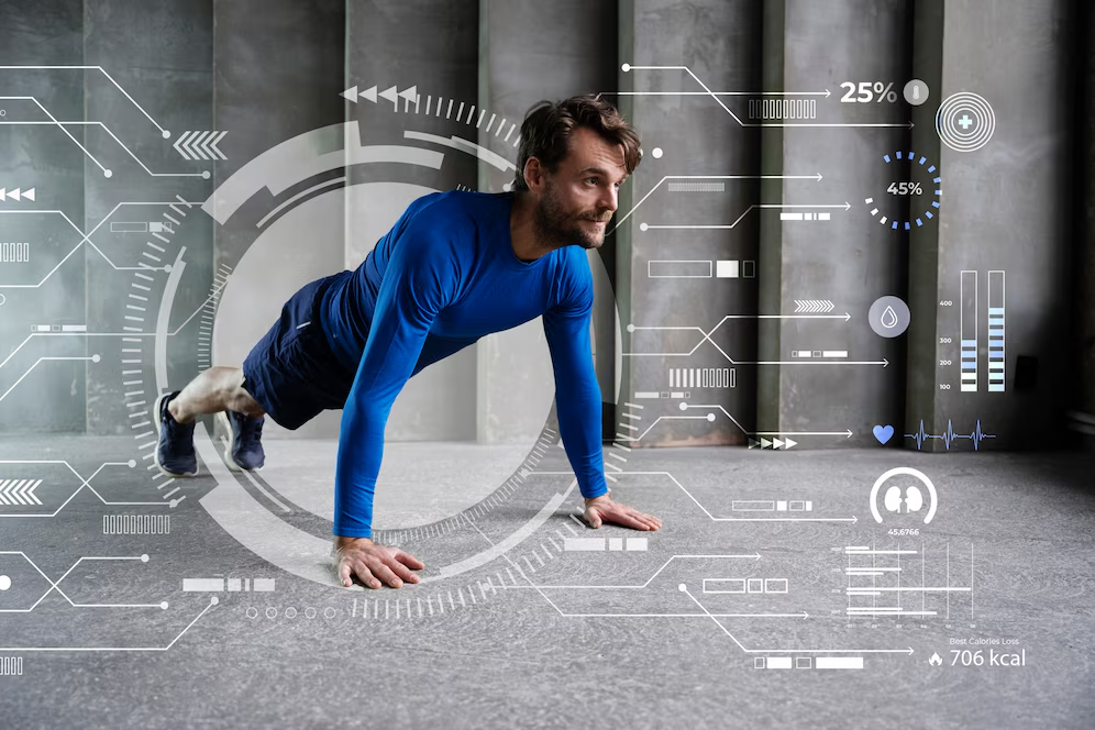 Man doing a push-up with futuristic biohacking tips and longevity hacks displayed, showcasing self-improvement through physical activity and health tracking