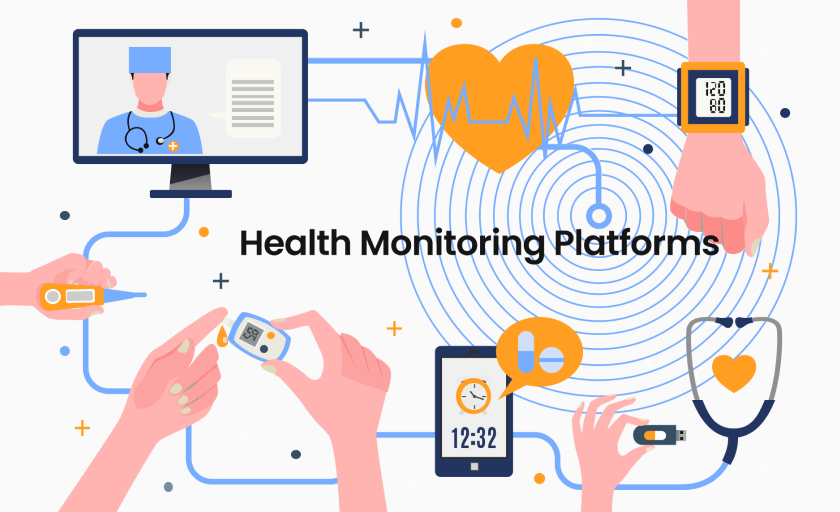 Illustration of health monitoring technology with wearable health devices, a doctor on a screen, and health tracking tools like a smartwatch and thermometer, health monitoring technology